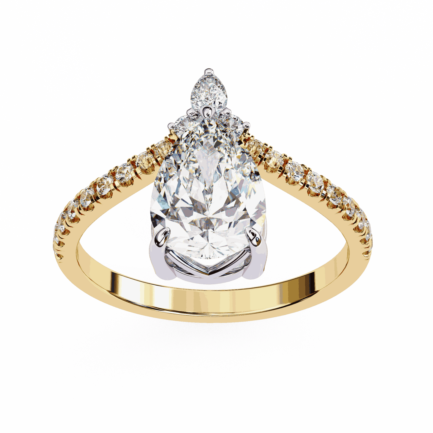 Pear Cut Lab Grown Diamond Pave Engagement Ring with Chevron Shank and Pear Crown