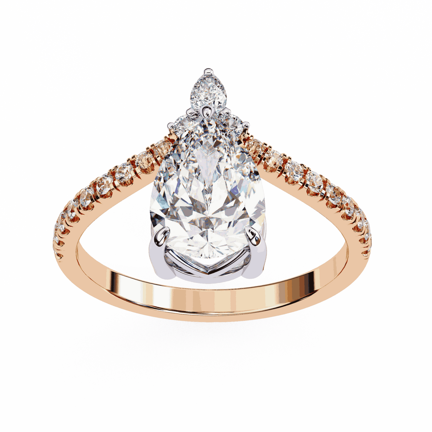 Pear Cut Lab Grown Diamond Pave Engagement Ring with Chevron Shank and Pear Crown
