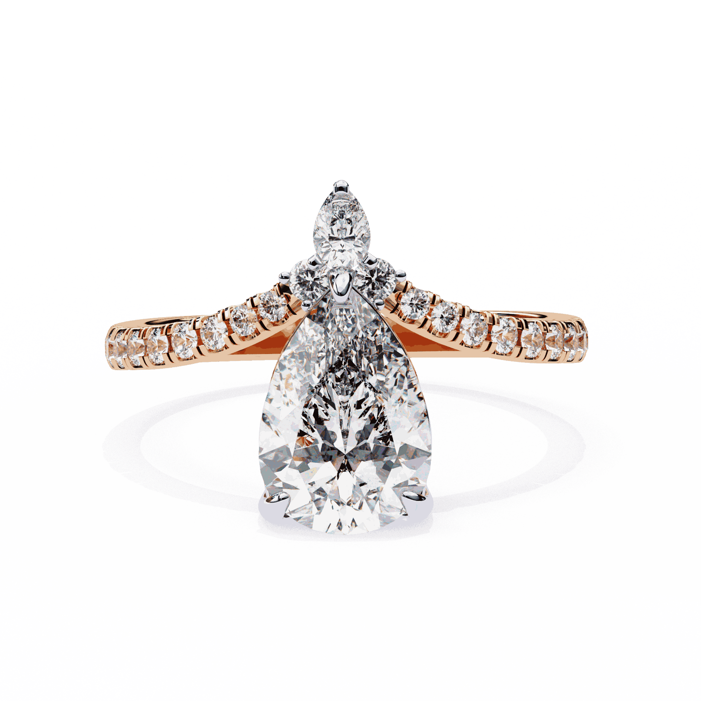 Pear Cut Lab Grown Diamond Pave Engagement Ring with Chevron Shank and Pear Crown