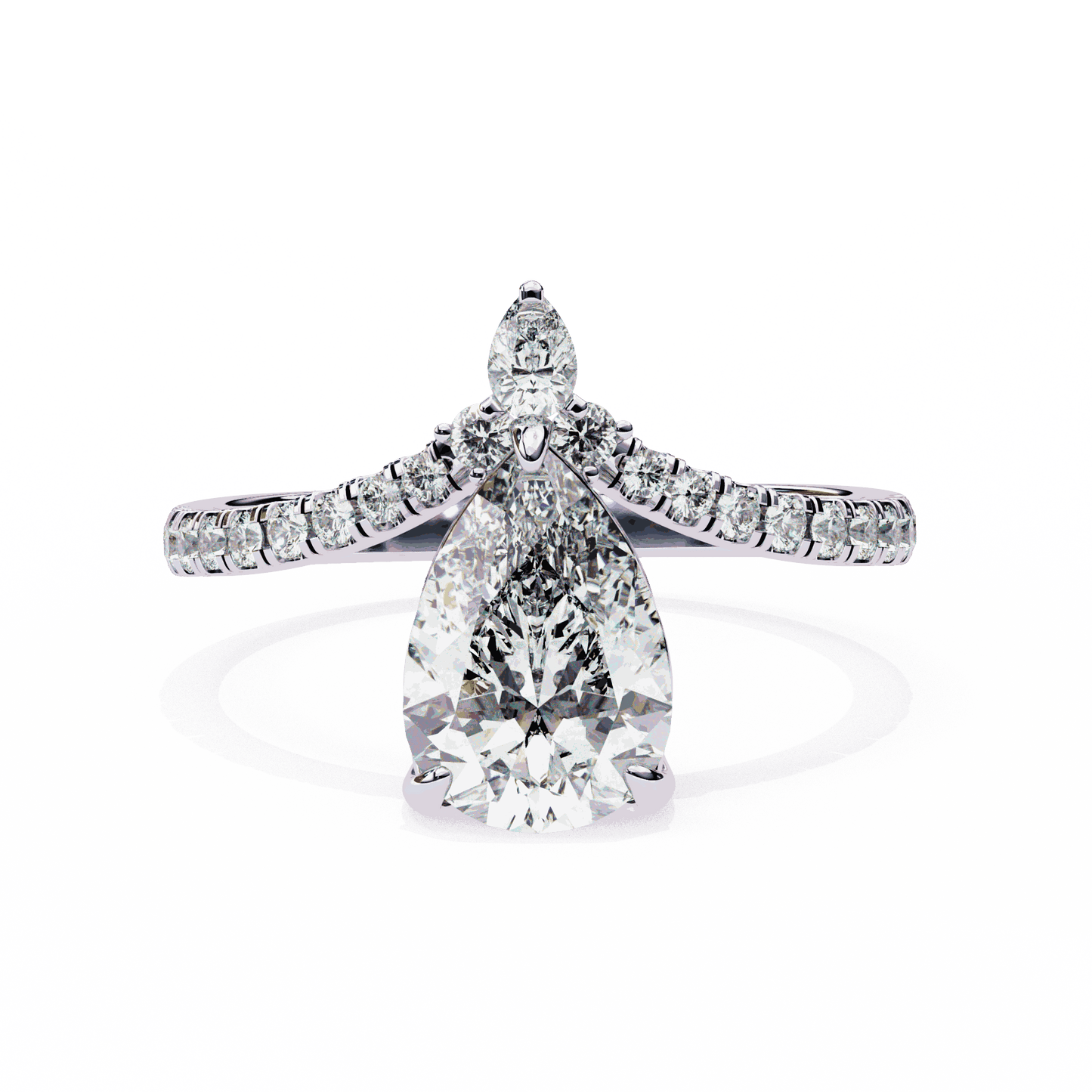 Pear Cut Lab Grown Diamond Pave Engagement Ring with Chevron Shank and Pear Crown