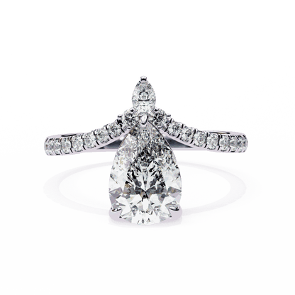 Pear Cut Lab Grown Diamond Pave Engagement Ring with Chevron Shank and Pear Crown