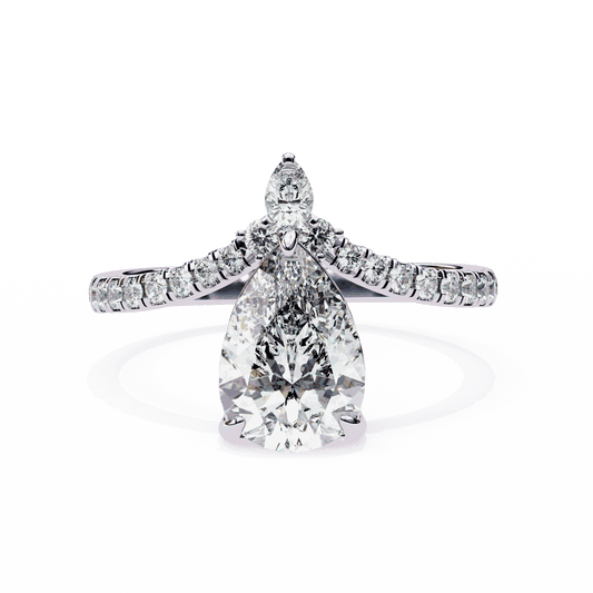 Pear Cut Lab Grown Diamond Pave Engagement Ring with Chevron Shank and Pear Crown