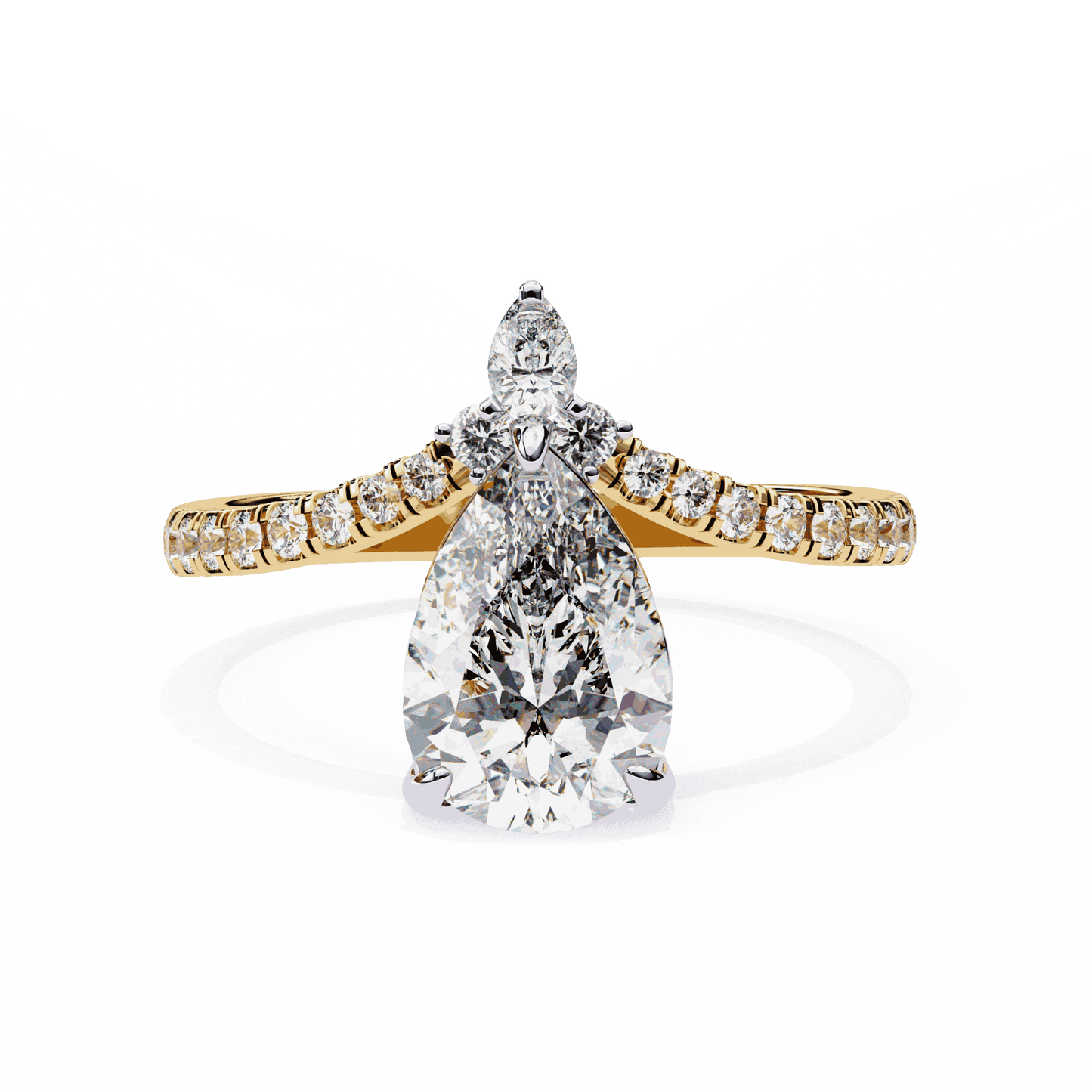 Pear Cut Lab Grown Diamond Pave Engagement Ring with Chevron Shank and Pear Crown