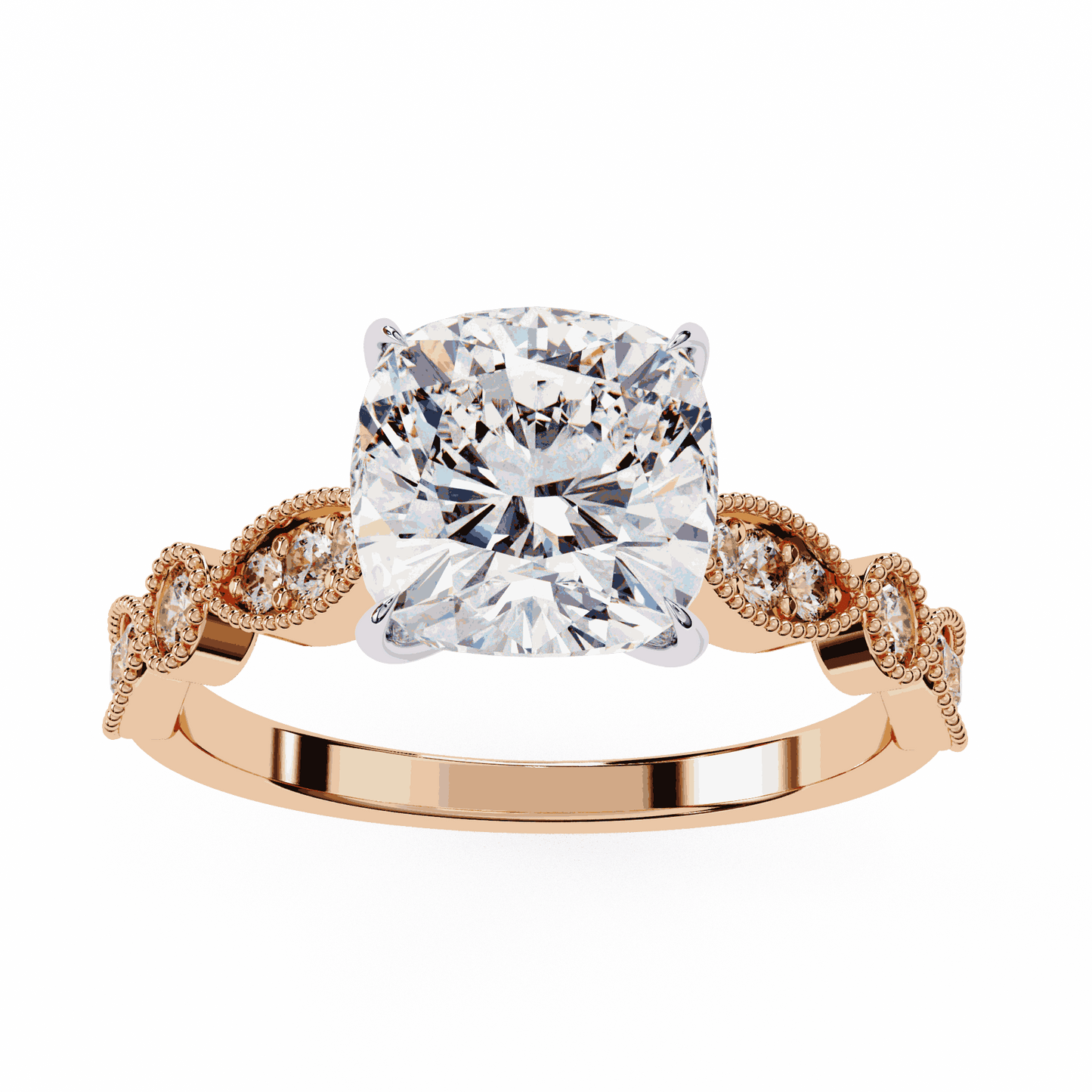 Cushion Cut Lab Grown Diamond Cathedral Engagement Ring with Vintage Milgrain