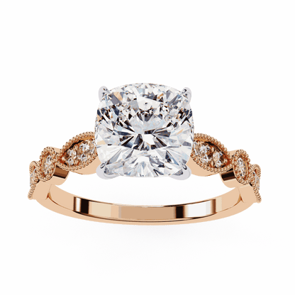 Cushion Cut Lab Grown Diamond Cathedral Engagement Ring with Vintage Milgrain