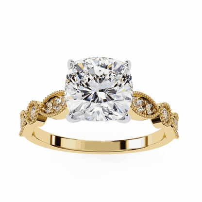 Cushion Cut Lab Grown Diamond Cathedral Engagement Ring with Vintage Milgrain