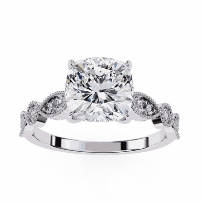Cushion Cut Lab Grown Diamond Cathedral Engagement Ring with Vintage Milgrain