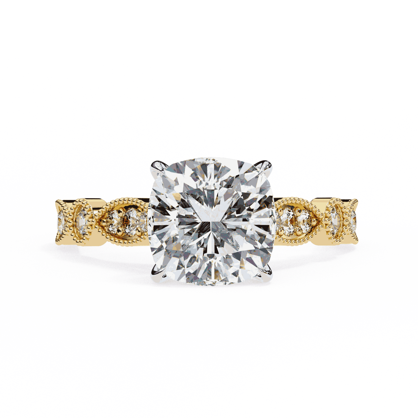 Cushion Cut Lab Grown Diamond Cathedral Engagement Ring with Vintage Milgrain