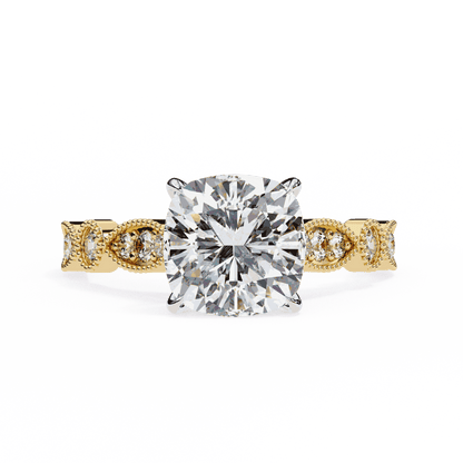 Cushion Cut Lab Grown Diamond Cathedral Engagement Ring with Vintage Milgrain