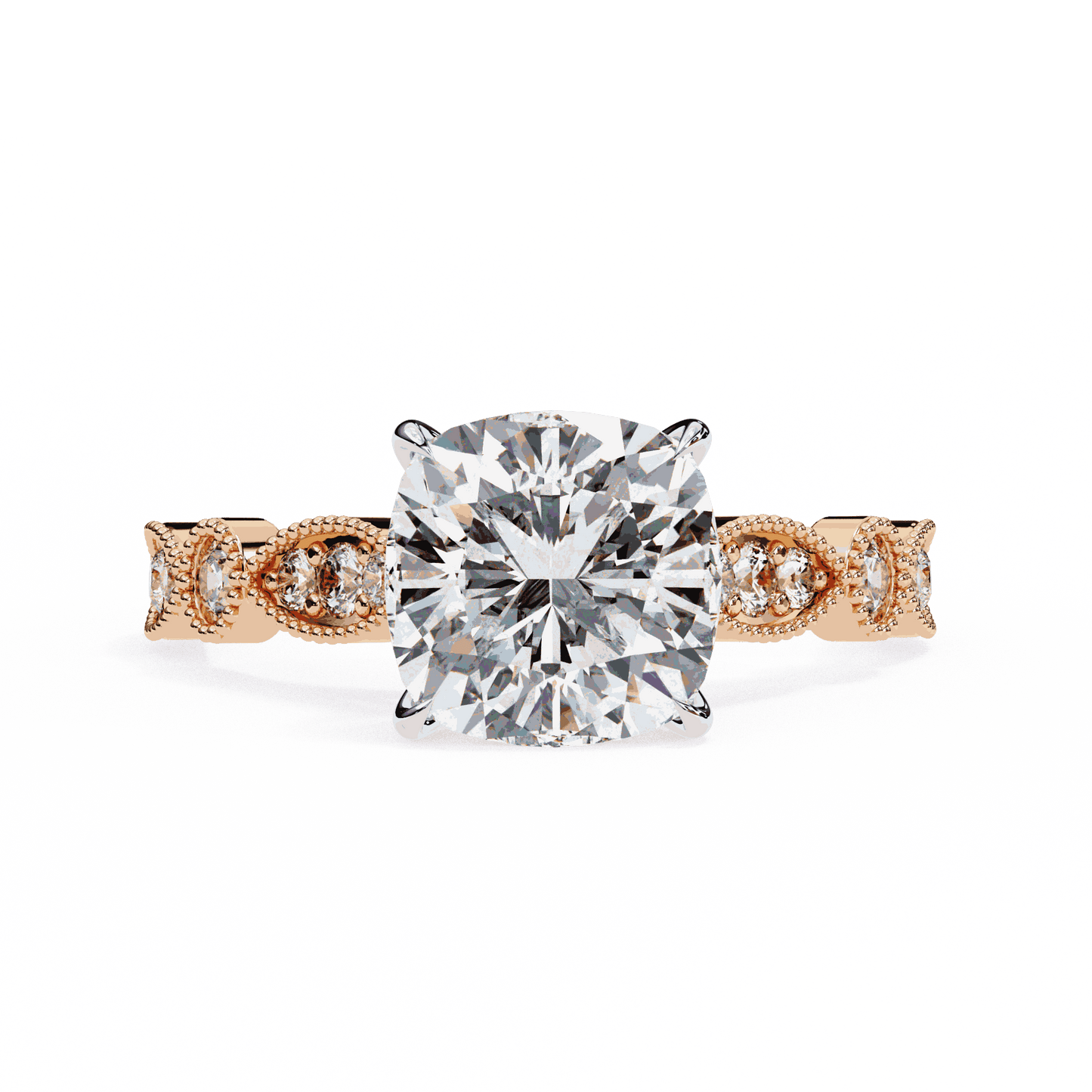 Cushion Cut Lab Grown Diamond Cathedral Engagement Ring with Vintage Milgrain