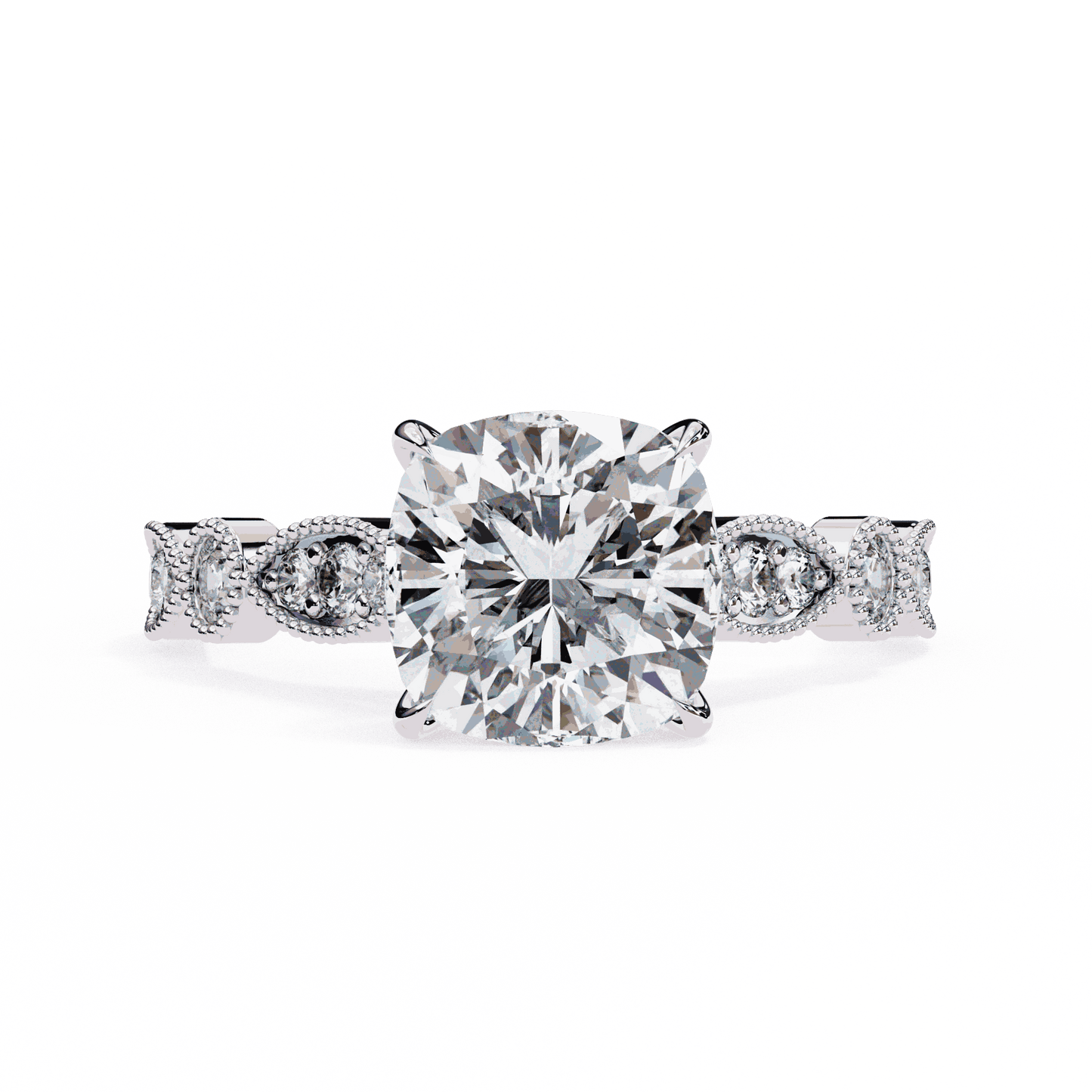 Cushion Cut Lab Grown Diamond Cathedral Engagement Ring with Vintage Milgrain