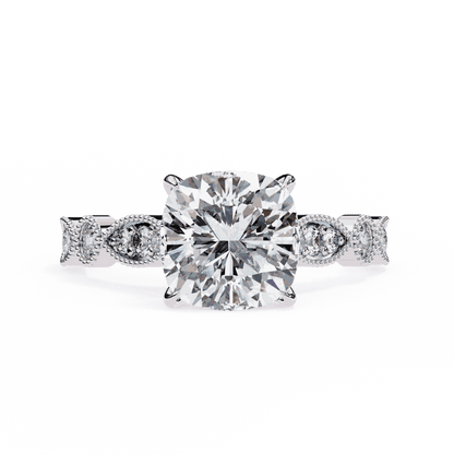 Cushion Cut Lab Grown Diamond Cathedral Engagement Ring with Vintage Milgrain