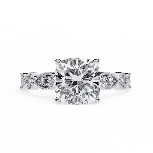 Cushion Cut Lab Grown Diamond Cathedral Engagement Ring with Vintage Milgrain