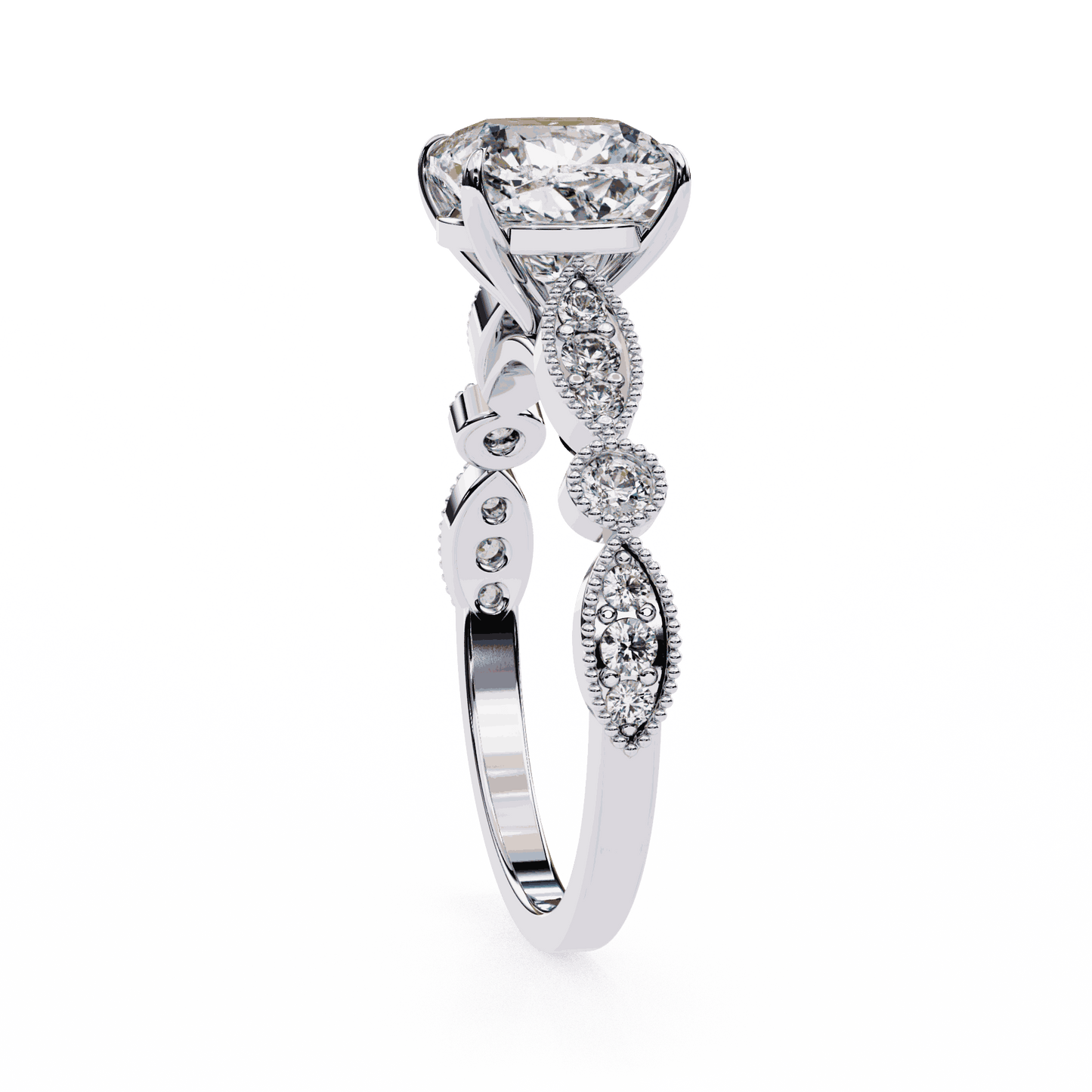 Cushion Cut Lab Grown Diamond Cathedral Engagement Ring with Vintage Milgrain