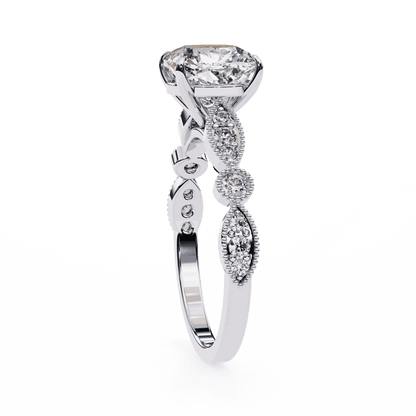 Cushion Cut Lab Grown Diamond Cathedral Engagement Ring with Vintage Milgrain