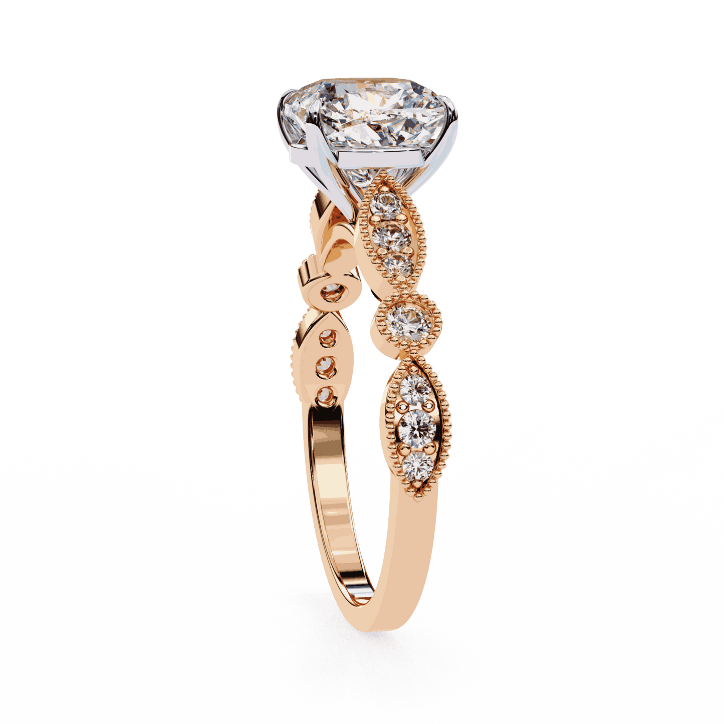 Cushion Cut Lab Grown Diamond Cathedral Engagement Ring with Vintage Milgrain