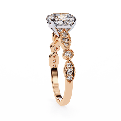 Cushion Cut Lab Grown Diamond Cathedral Engagement Ring with Vintage Milgrain
