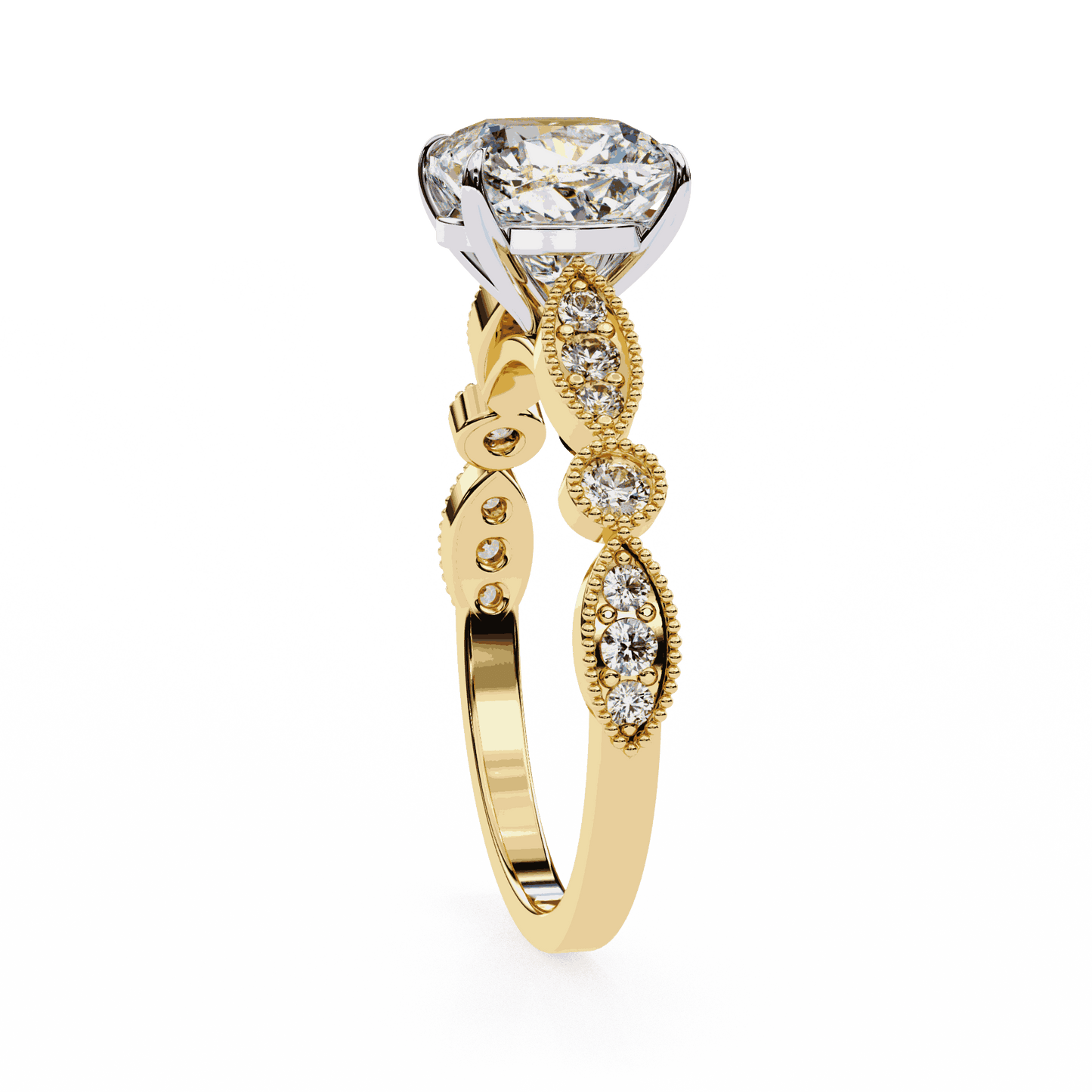 Cushion Cut Lab Grown Diamond Cathedral Engagement Ring with Vintage Milgrain