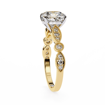 Cushion Cut Lab Grown Diamond Cathedral Engagement Ring with Vintage Milgrain
