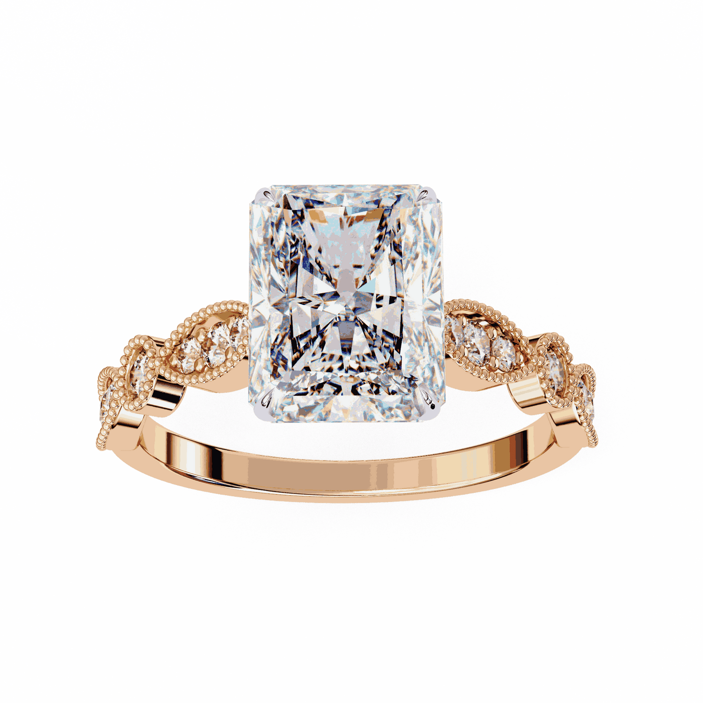 Radiant Cut Lab Grown Diamond Cathedral Engagement Ring with Vintage Milgrain