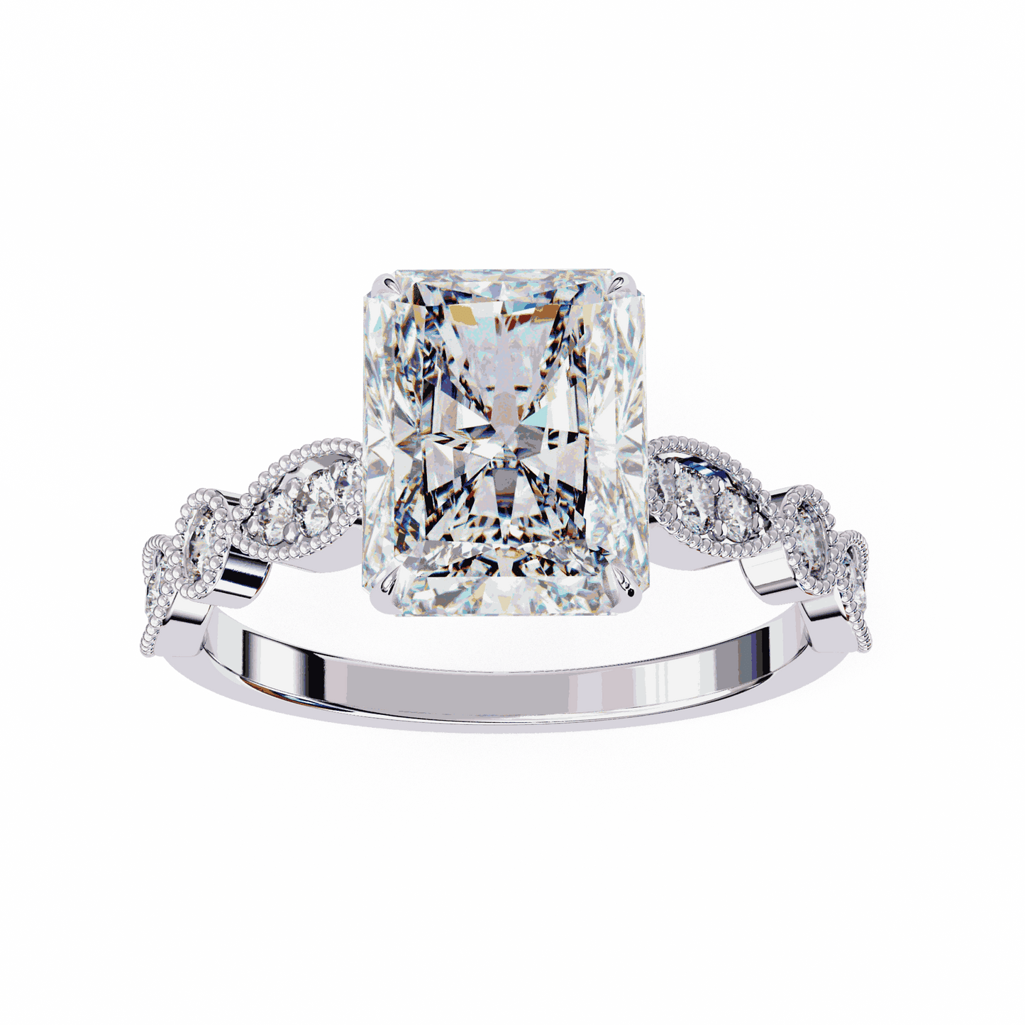 Radiant Cut Lab Grown Diamond Cathedral Engagement Ring with Vintage Milgrain