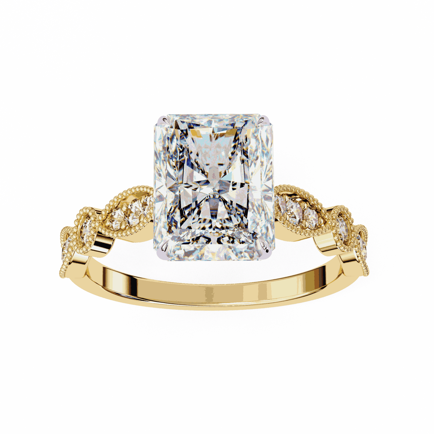 Radiant Cut Lab Grown Diamond Cathedral Engagement Ring with Vintage Milgrain