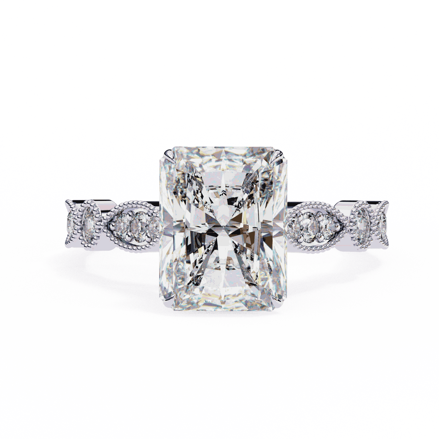 Radiant Cut Lab Grown Diamond Cathedral Engagement Ring with Vintage Milgrain