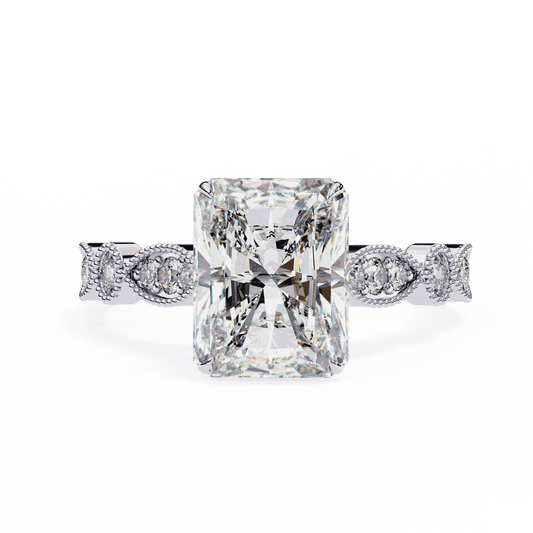 Radiant Cut Lab Grown Diamond Cathedral Engagement Ring with Vintage Milgrain