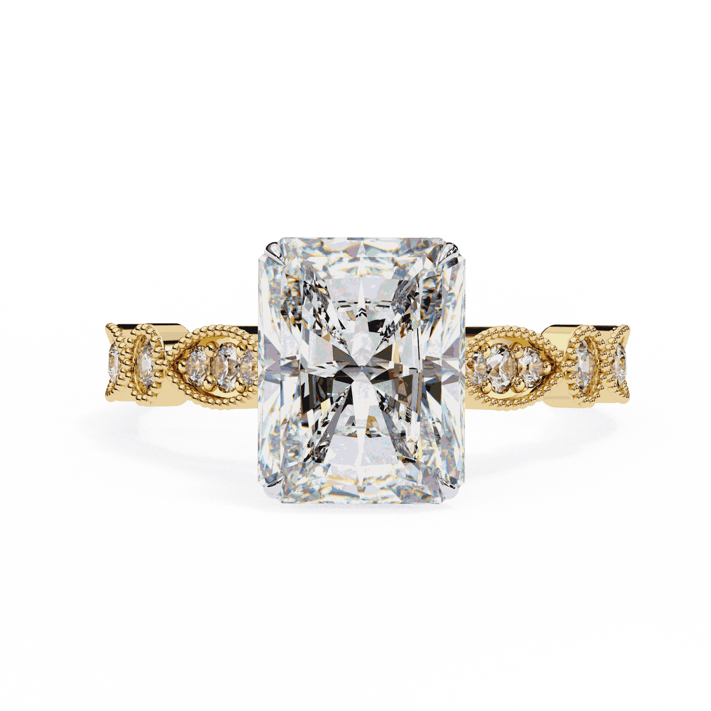 Radiant Cut Lab Grown Diamond Cathedral Engagement Ring with Vintage Milgrain
