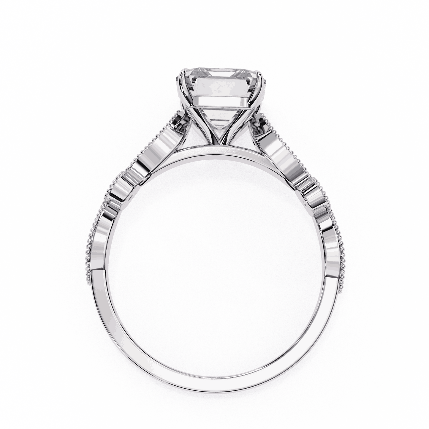 Radiant Cut Lab Grown Diamond Cathedral Engagement Ring with Vintage Milgrain