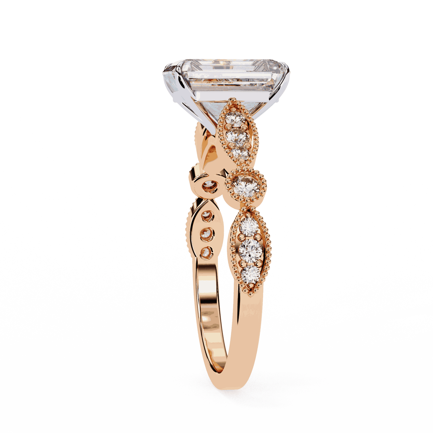 Radiant Cut Lab Grown Diamond Cathedral Engagement Ring with Vintage Milgrain