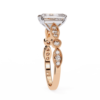 Radiant Cut Lab Grown Diamond Cathedral Engagement Ring with Vintage Milgrain