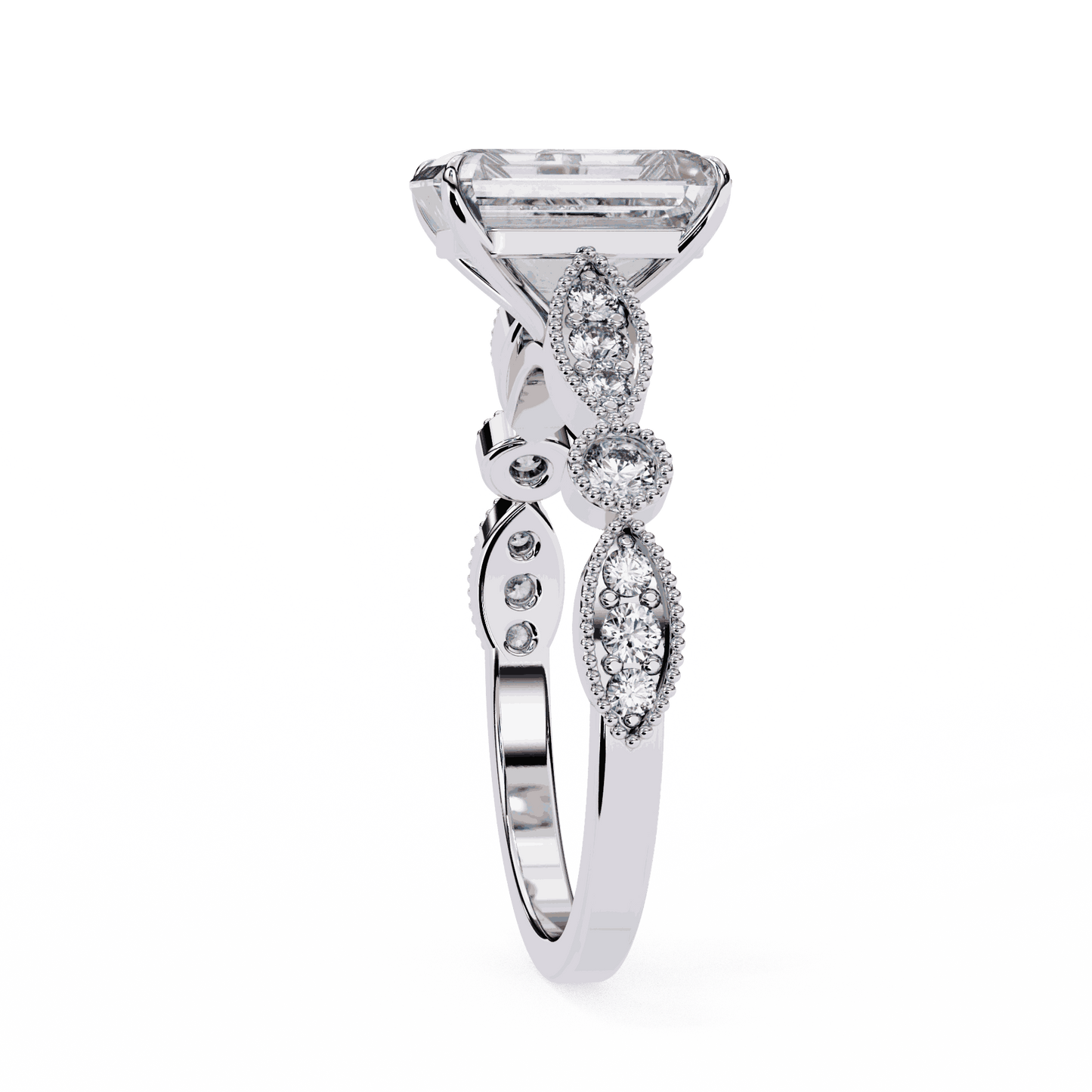 Radiant Cut Lab Grown Diamond Cathedral Engagement Ring with Vintage Milgrain
