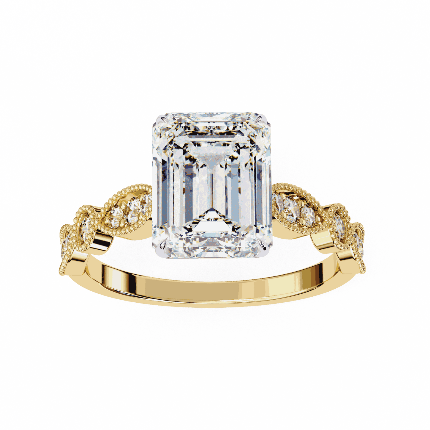 Emerald Cut Lab Grown Diamond Cathedral Engagement Ring with Vintage Milgrain