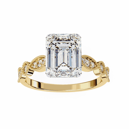 Emerald Cut Lab Grown Diamond Cathedral Engagement Ring with Vintage Milgrain