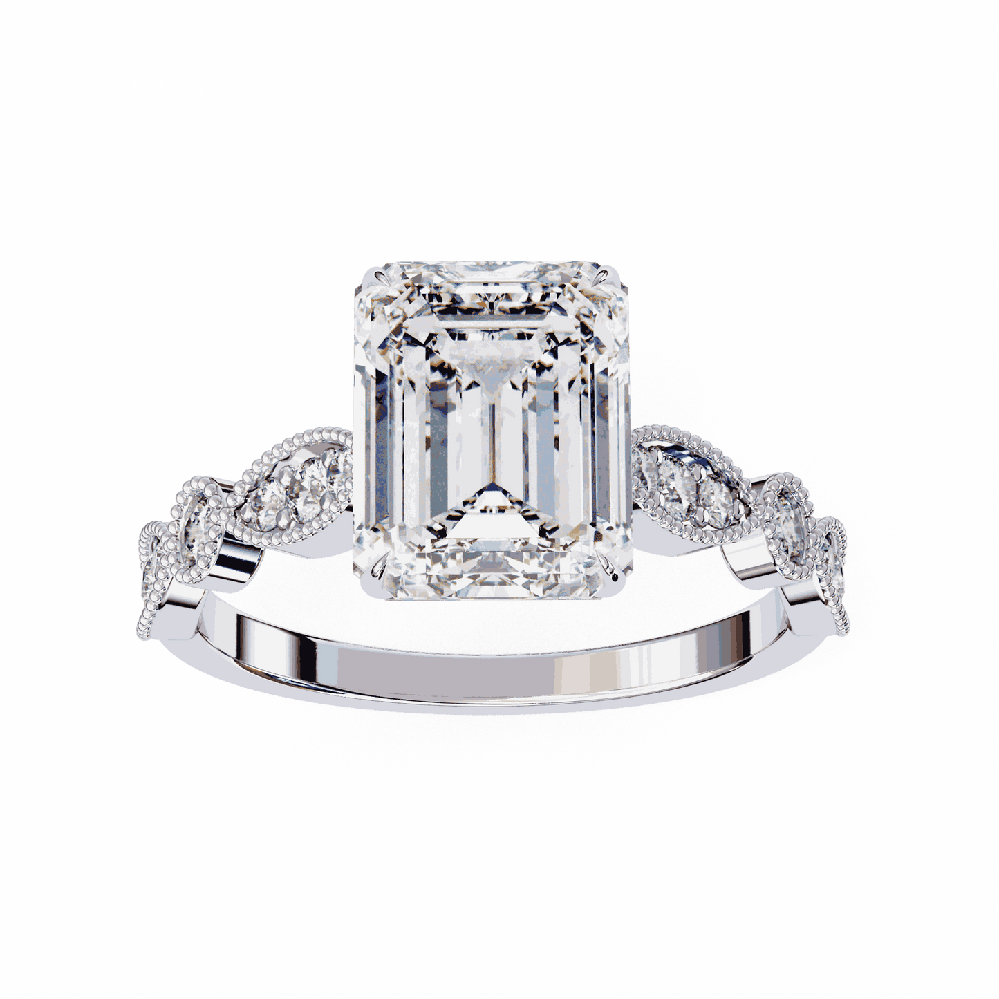 Emerald Cut Lab Grown Diamond Cathedral Engagement Ring with Vintage Milgrain
