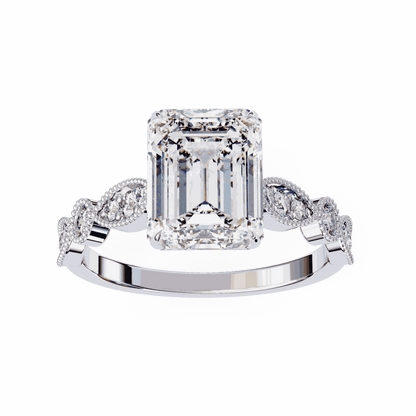 Emerald Cut Lab Grown Diamond Cathedral Engagement Ring with Vintage Milgrain