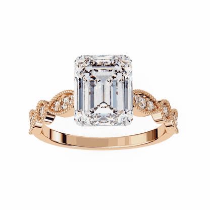 Emerald Cut Lab Grown Diamond Cathedral Engagement Ring with Vintage Milgrain