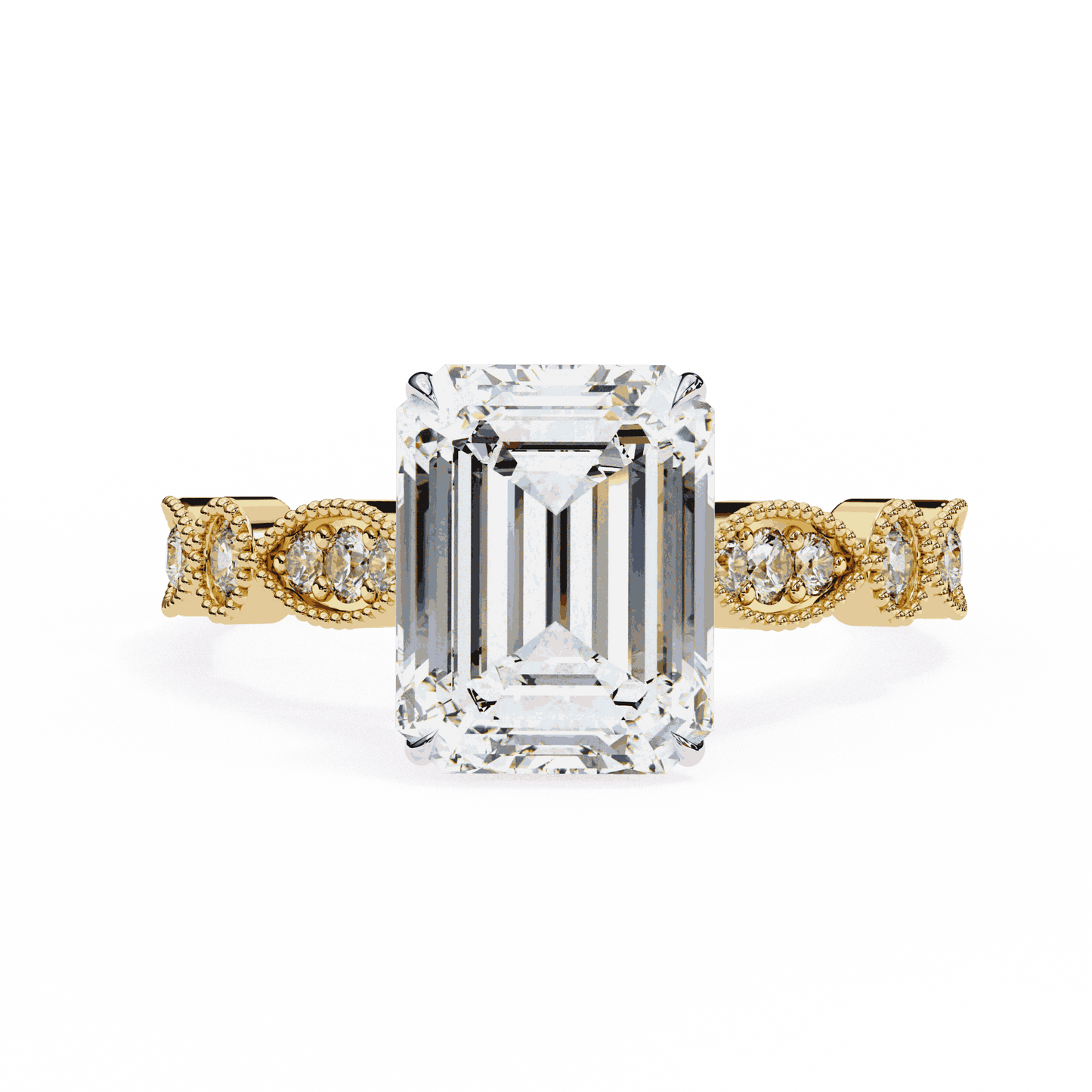 Emerald Cut Lab Grown Diamond Cathedral Engagement Ring with Vintage Milgrain