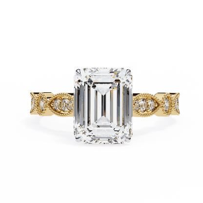 Emerald Cut Lab Grown Diamond Cathedral Engagement Ring with Vintage Milgrain