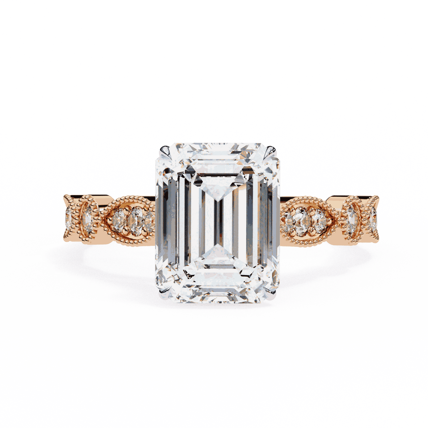 Emerald Cut Lab Grown Diamond Cathedral Engagement Ring with Vintage Milgrain