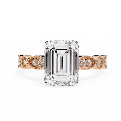 Emerald Cut Lab Grown Diamond Cathedral Engagement Ring with Vintage Milgrain