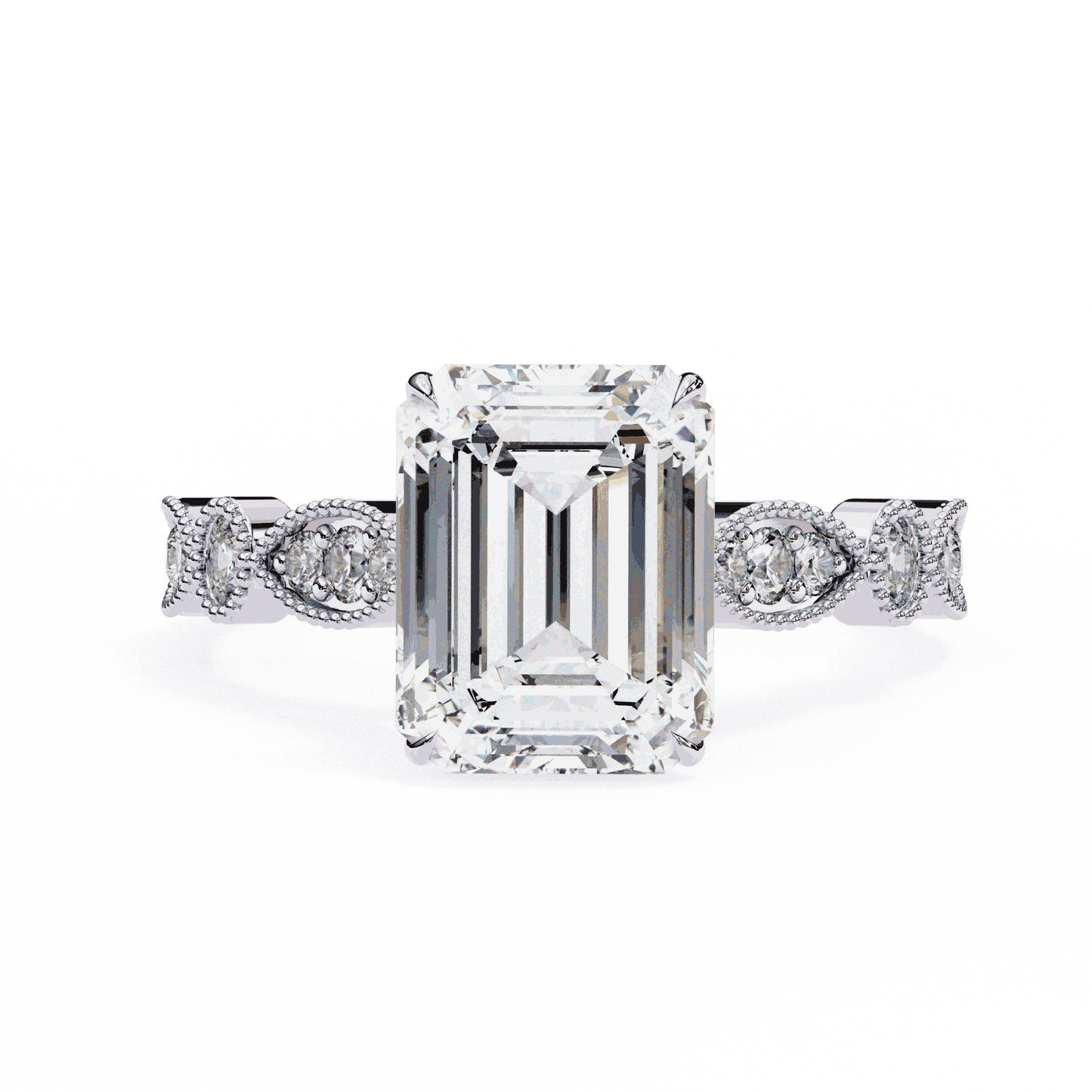Emerald Cut Lab Grown Diamond Cathedral Engagement Ring with Vintage Milgrain
