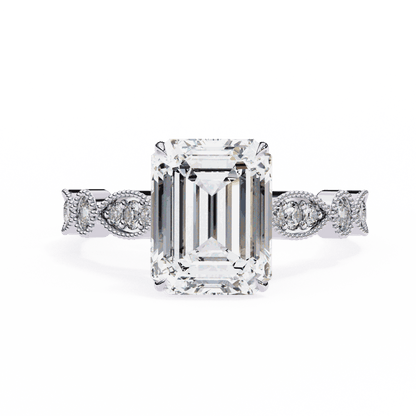 Emerald Cut Lab Grown Diamond Cathedral Engagement Ring with Vintage Milgrain