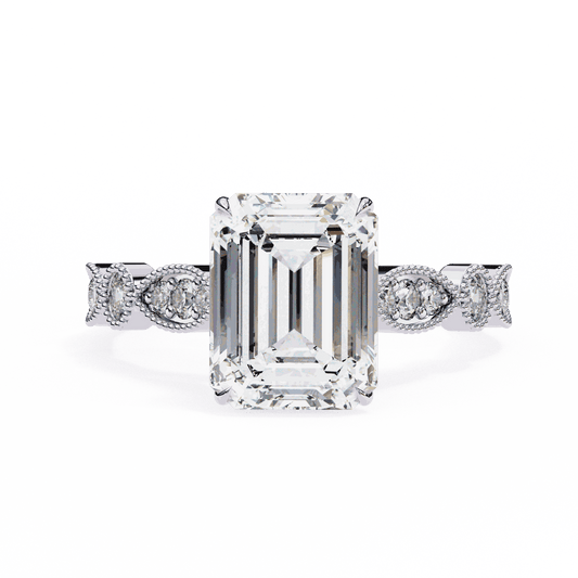 Emerald Cut Lab Grown Diamond Cathedral Engagement Ring with Vintage Milgrain