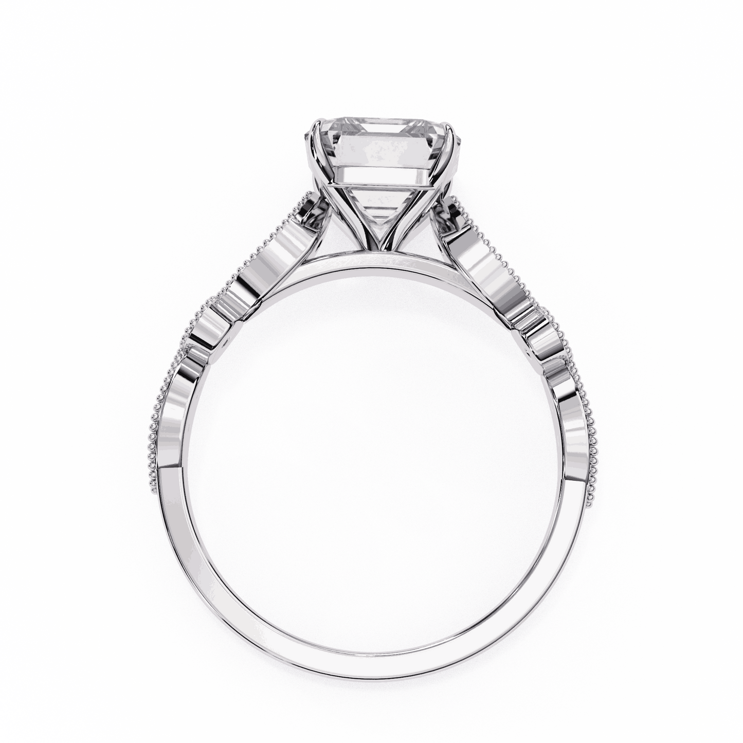 Emerald Cut Lab Grown Diamond Cathedral Engagement Ring with Vintage Milgrain