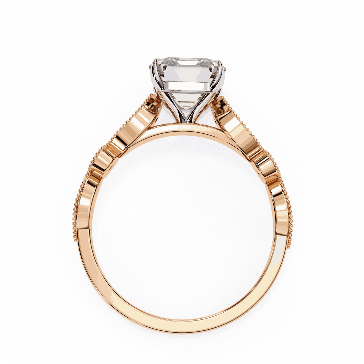 Emerald Cut Lab Grown Diamond Cathedral Engagement Ring with Vintage Milgrain