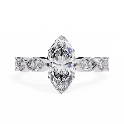 Marquise Cut Lab Grown Diamond Cathedral Engagement Ring with Vintage Milgrain