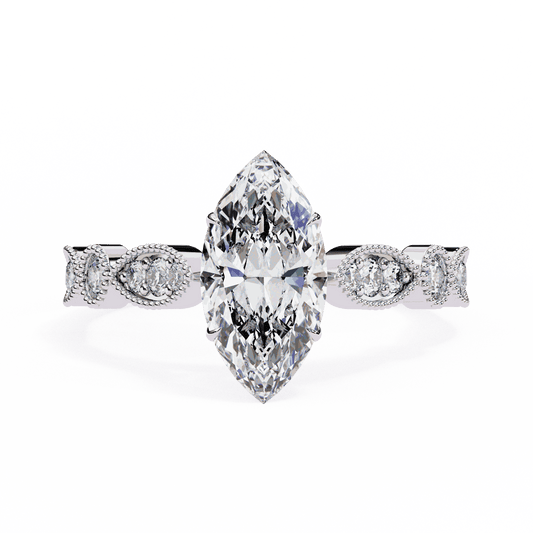 Marquise Cut Lab Grown Diamond Cathedral Engagement Ring with Vintage Milgrain