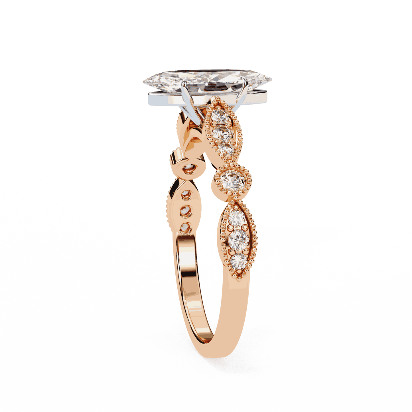 Marquise Cut Lab Grown Diamond Cathedral Engagement Ring with Vintage Milgrain